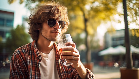 Portrait of cheerful excited relaxed carefree guy drinking beer from bottle holding in hand on terrace in the summer carefreeの素材