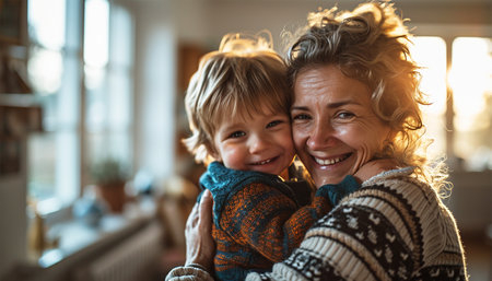 Cute little child hug cuddle excited young mum show love and affection, smiling mother and funny small preschooler kid have fun at home embrace sharing close tender moment together loveの素材