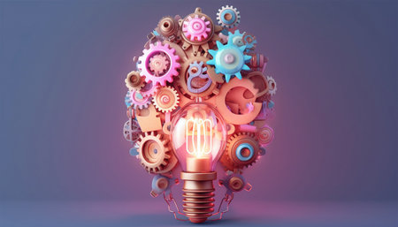 Idea and brainstorming concept Light bulb and gears 3d render. Innovation concept. Insight icon isolated on pastel background. 3D Illustration. Pink, purple and blue. Glow Idea,teamwork,brainstorming design Space for textの素材