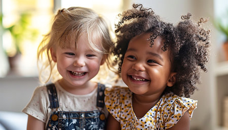 Two multiracial siblings laughing together. Small adorable multi ethnic girls play best friend or sister. Children having fun, mixed race family kids happyの素材