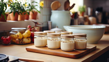 Kitchen counter cozy with cooking pan and other kitchenware. Detail at home kitchen with Scandinavian style. wooden shelf with kitchenware, metal jug with green plant on white countertop and hanging rack with golden utensils, cooking spoon, skimmer and ladle. Stylish retro interior Copy space closeupの素材