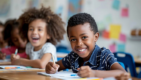 Portrait of cheerful smiling diverse schoolchildren standing posing in classroom holding notebooks and backpacks looking at camera happy after school reopening. Diversity. Back to school concept. Mixed race, multiracial daycare kids education happyの素材