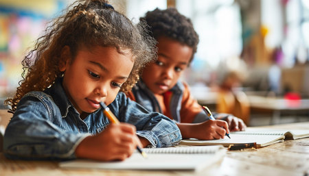 Portrait of cheerful smiling diverse schoolchildren standing posing in classroom holding notebooks and backpacks looking at camera happy after school reopening. Diversity. Back to school concept. Mixed race, multiracial daycare kids education happyの素材