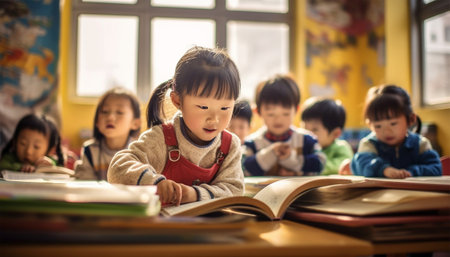 Asian kindergarten learning to read and to write. Kids go back to school. Interracial group of children of mixed age in classroom. Students learn to read and write. Preschooler or kindergarten kid with teacher. Child learning letters with flash cards Chineseの素材