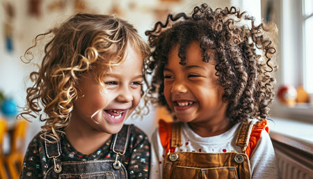 Two multiracial siblings laughing together. Small adorable multi ethnic girls play best friend or sister. Children having fun, mixed race family kids happyの素材