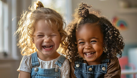 Two multiracial siblings laughing together. Small adorable multi ethnic girls play best friend or sister. Children having fun, mixed race family kids happyの素材