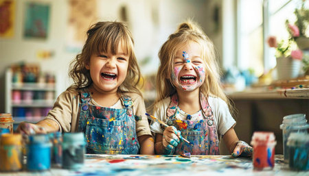 Little Caucasian siblings drawing together in living room at home. Happy girl and her sister or friend painting with crayons. Art and crafts for toddler and preschooler having fun. Creative kids concept cuteの素材