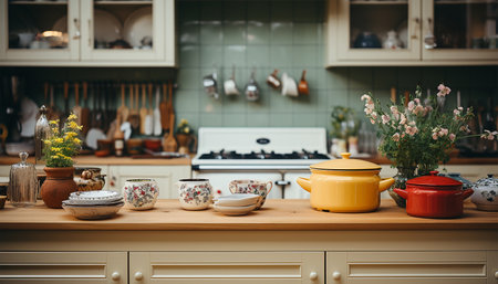 Cozy stylish kitchen with household items. Element of cozy house with modern kitchen interior, contemporary wooden furniture, cooking hood over retro gas stove and kitchenware supplies retroの素材