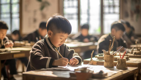 Asian kindergarten learning to read and to write. Kids go back to school. Interracial group of children of mixed age in classroom. Students learn to read and write. Preschooler or kindergarten kid with teacher. Child learning letters with flash cards Chineseの素材