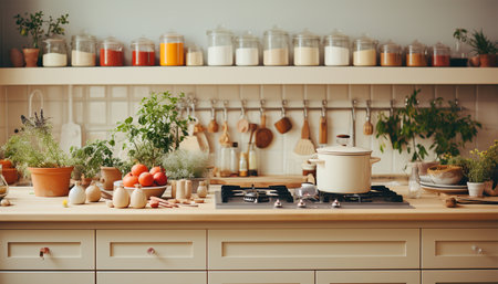Cozy stylish kitchen with household items. Element of cozy house with modern kitchen interior, contemporary wooden furniture, cooking hood over retro gas stove and kitchenware supplies retroの素材