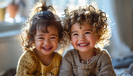 Two multiracial siblings laughing together. Small adorable multi ethnic girls play best friend or sister. Children having fun, mixed race family kids happyの素材