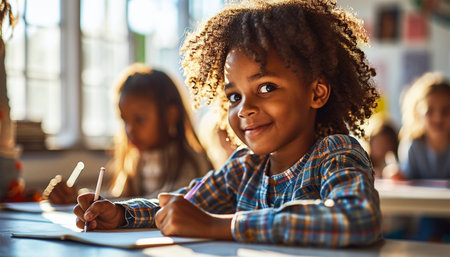 Portrait of cheerful smiling diverse schoolchildren standing posing in classroom holding notebooks and backpacks looking at camera happy after school reopening. Diversity. Back to school concept. Mixed race, multiracial daycare kids education happyの素材