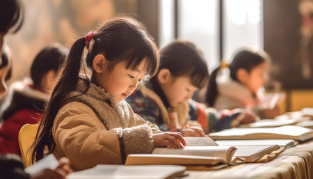 Asian kindergarten learning to read and to write. Kids go back to school. Interracial group of children of mixed age in classroom. Students learn to read and write. Preschooler or kindergarten kid with teacher. Child learning letters with flash cards Chineseの素材