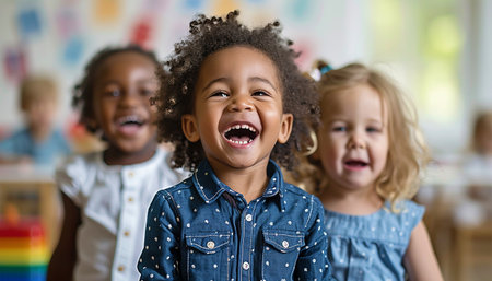Portrait of cheerful smiling diverse schoolchildren standing posing in classroom holding notebooks and backpacks looking at camera happy after school reopening. Diversity. Back to school concept. Mixed race, multiracial daycare kids education happyの素材