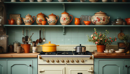 Cozy stylish kitchen with household items. Element of cozy house with modern kitchen interior, contemporary wooden furniture, cooking hood over retro gas stove and kitchenware supplies retroの素材