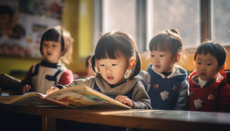 Asian kindergarten learning to read and to write. Kids go back to school. Interracial group of children of mixed age in classroom. Students learn to read and write. Preschooler or kindergarten kid with teacher. Child learning letters with flash cards Chineseの素材