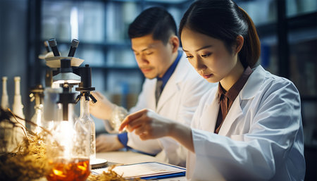 Asian scientist team has research in the laboratory. Microbiologist or medical worker use test tube. Scientist Asian team in laboratory. Biotechnology research in lab analyzingの素材