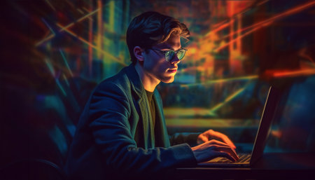Young man using laptop neon lights. Male hands are typing on a laptop keyboard, a man works, develops a business, studies, plays a computer game at night. Close up view. colorfulの素材