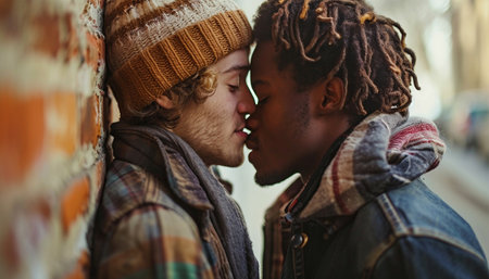 Homosexual couple at a romantic date outdoors Multi-ethnic gay couple in love flirting and having fun. Proud homosexual couple romantic outdoorsの素材