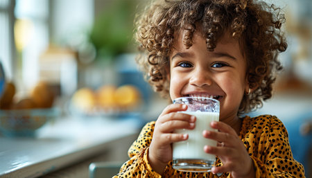 Portrait of adorable little African American child drinking glass of milk at home. Enjoying Healthy drink. Black girl calcium drink close upの素材