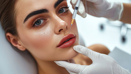 Getting lip filler at clinic, doctor hands making hyaluronic acid injection for beautiful lady in clinic. Cosmetic injection in lips close up beautyの素材