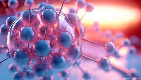 Science background with molecule or atom. molecule set, jojoba nano 3D cell, collagen bio abstract medical icon. Beauty science skin care molecular concept, natural bubble kit. colorful molecule atom illustration Copy spaceの素材