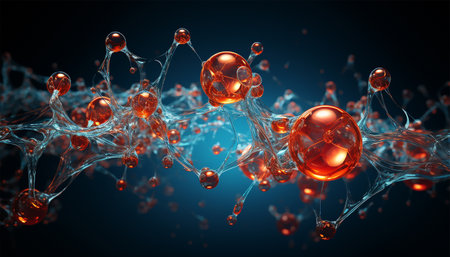 water molecule model, Science or medical background, 3d illustration. Cosmetic essence, liquid, DNA Dark blue background. Microbiology Red and blueの素材