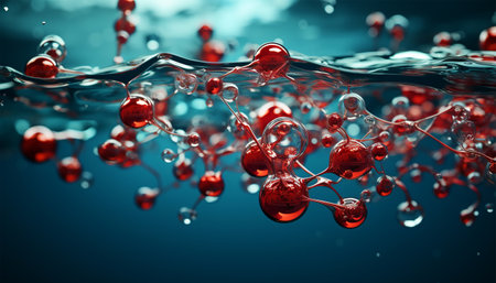 water molecule model, Science or medical background, 3d illustration. Cosmetic essence, liquid, DNA Dark blue background. Microbiology Red and blueの素材