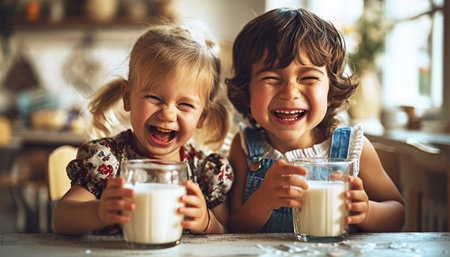 Snack Time. Happy Multiracial Siblings Girls Having Lunch Together, Drinking Milk In Glasses On Table At Home. Preteen Kids Enjoying Healthy Snacks. Nutrition Concept mixed race healthyの素材