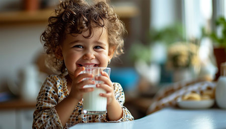Portrait of adorable little African American child drinking glass of milk at home. Enjoying Healthy drink. Black girl calcium drink close upの素材