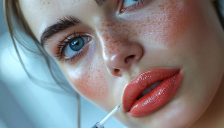 Getting lip filler at clinic, doctor hands making hyaluronic acid injection for beautiful lady in clinic. Cosmetic injection in lips close up beautyの素材