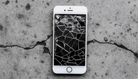 Smartphone with broken screen. Cracked glass. Mobile cellphone with broken glass. Smartphone falling down on the ground and broken touchscreen with beauty blue backlight and dark background copy space. Broken display screen after drop. Top viewの素材