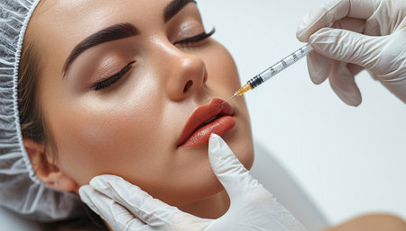 Getting lip filler at clinic, doctor hands making hyaluronic acid injection for beautiful lady in clinic. Cosmetic injection in lips close up beautyの素材
