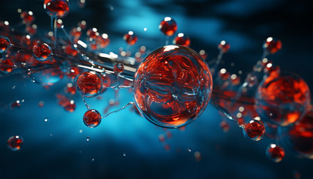 water molecule model, Science or medical background, 3d illustration. Cosmetic essence, liquid, DNA Dark blue background. Microbiology Red and blueの素材