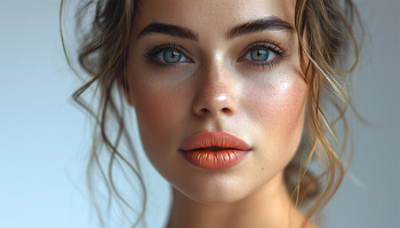 Beautiful woman with lip fillers. Receiving filler injection. Cosmetologist makes rejuvenating beautiful woman. Female aesthetic cosmetology in a beauty salon. Close upの素材
