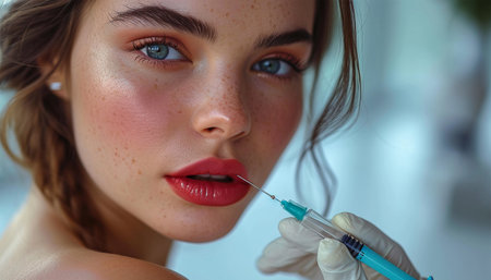 Getting lip filler at clinic, doctor hands making hyaluronic acid injection for beautiful lady in clinic. Cosmetic injection in lips close up beautyの素材