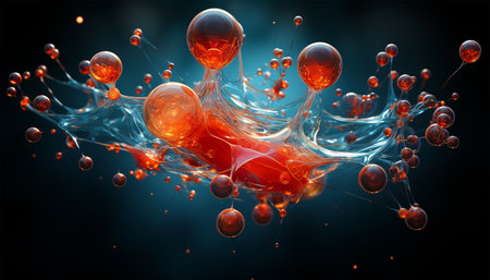 water molecule model, Science or medical background, 3d illustration. Cosmetic essence, liquid, DNA Dark blue background. Microbiology Red and blueの素材