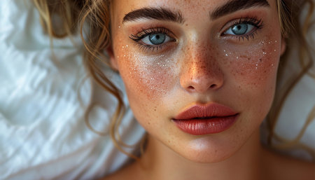 Beautiful woman with lip fillers. Receiving filler injection. Cosmetologist makes rejuvenating beautiful woman. Female aesthetic cosmetology in a beauty salon. Close upの素材