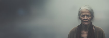 Sad and lonely elderly African American woman standing outside alone in the fog. Moody. Concept for depression and loneliness. mature woman depression sad african american senior woman lost healthの素材
