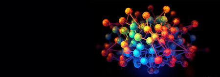 Neon light molecule black background. Alternative hydrogen energy futuristic concept with glowing low polygonal hydrogen molecules and place for text on dark black background. Modern abstract wire frame mesh design illustration. DNA Space for textの素材