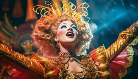 traditional British pantomime actors on stage in theater wearing colorful costumes they are performing and singing and wear makeup English theater concept copy spaceの素材