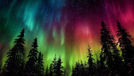 Northern lights amazing colorful lights in the sky. Multi colored, Green, pink and purple. Magical nature landscape. Amazing Aurora borealis Northern lights. Amazing night scene Polar sky beautyの素材