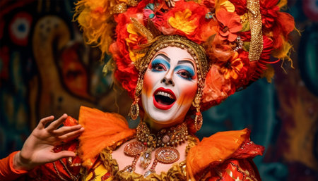 traditional British pantomime actors on stage in theater wearing colorful costumes they are performing and singing and wear makeup English theater concept copy spaceの素材