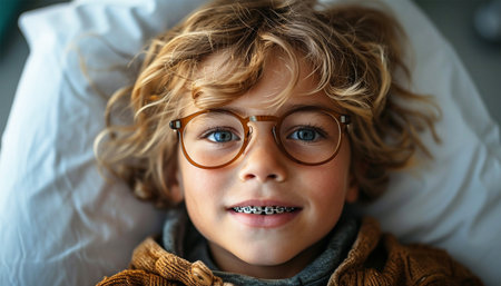 Close-up portrait of smiling teenage boy with braces against dentist standing in clinic. Examining child's teeth in dentist's office clinic careの素材