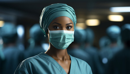 African american doctor woman ready for surgery. Happy nurse girl is dressed in blue medical uniform, face mask and stethoscope. Hospital staff working in emergency room. Portrait surgical team in operating room close upの素材