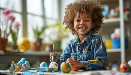 Easter Family Traditions. Loving ethnic young child happy little kid soon to dye and decorate eggs with paints for Easter holidays while sitting at kitchen table and having fun. African American child Happy Easter Holiday portraitの素材