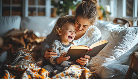 Mom reading a book with baby boy at home. Early age children education, development. Mother and child spending time together. Candid lifestyle. Child and mother having fun and learning in bright living roomの素材