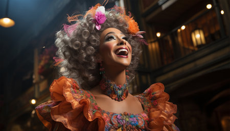 traditional British pantomime actors on stage in theater wearing colorful costumes they are performing and singing and wear makeup English theater concept copy spaceの素材