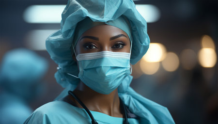 African american doctor woman ready for surgery. Happy nurse girl is dressed in blue medical uniform, face mask and stethoscope. Hospital staff working in emergency room. Portrait surgical team in operating room close upの素材
