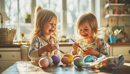 Happy Easter! Cute children painting Easter eggs and having fun. Siblings Laughing together. Painting eggs. Paints, felt-tip pens, decorations for coloring eggs for holiday. Creative background. Family with kids preparing for Easter. Holiday springの素材